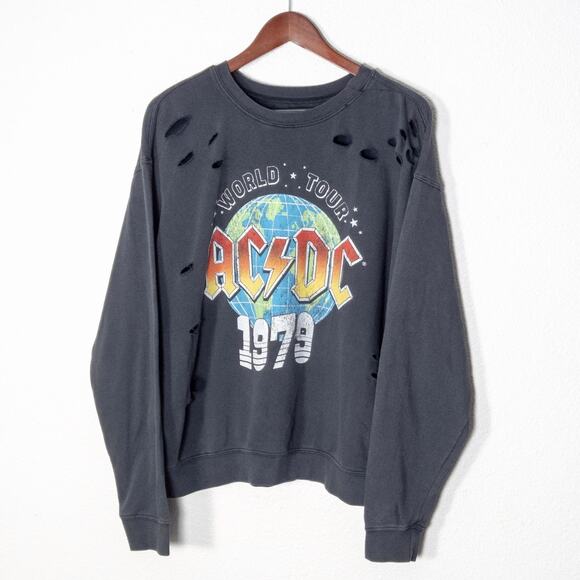 AC/DC Women’s Sweatshirt Soft Grunge Vintage Band Distressed Washed Black Sz L - Picture 1 of 7